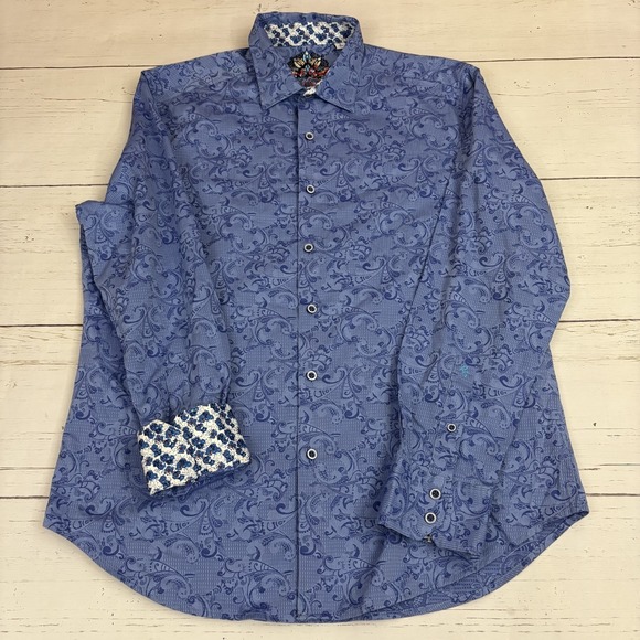 Robert GrahamShirt Paisley Mens Large Blue Paisley Embroidered Contrast Cuff